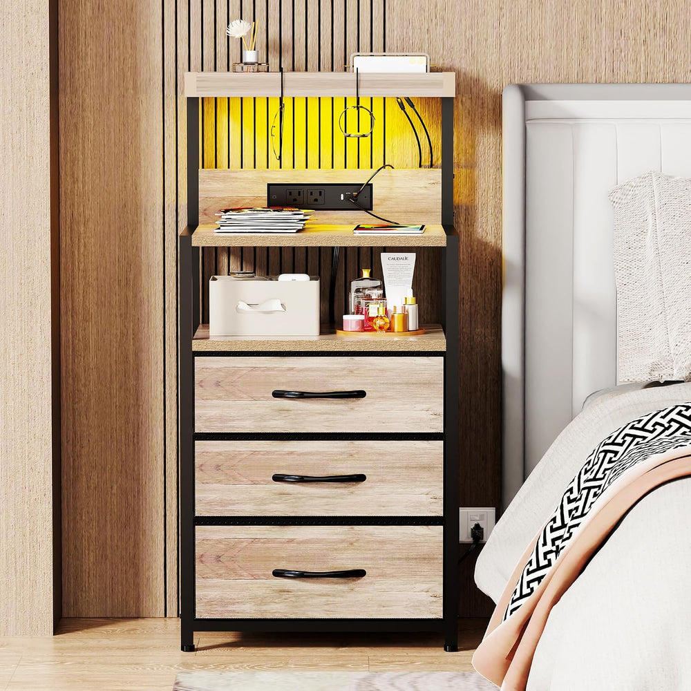 SZLHANJZ Nightstand Set of 2, with Charging Station, 3 Fabric Drawers