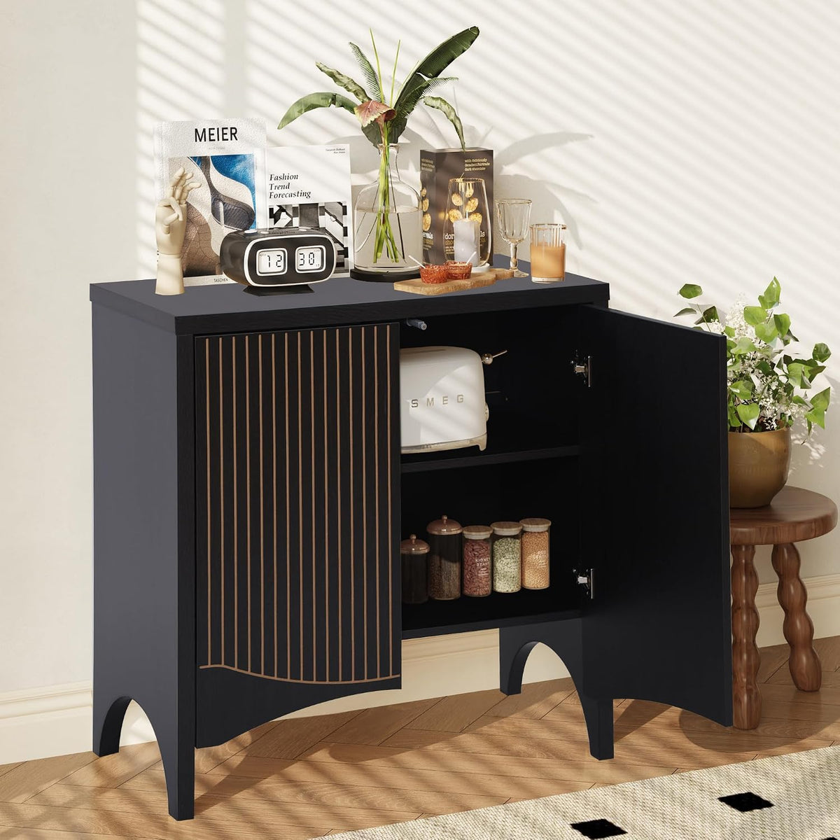 FurSch Fluted Sideboard Cabinet with Storage,Buffet Cabinet with Adjustable Shelves,Accent Storage Cabinets with Carved Arc Door Kitchen Dining Living Room (Arch Black, 2 Doors)