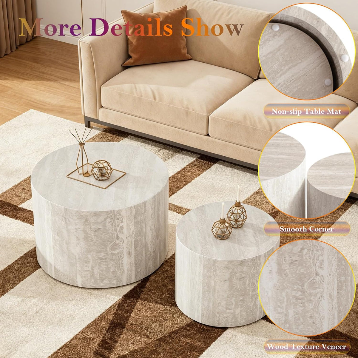 Round Travertine Coffee Table Set of 2 (C 18.1+14.6in) | Modern Stripe Circle Nesting Side Tables | No Assembly | for Living Room Balcony Yard