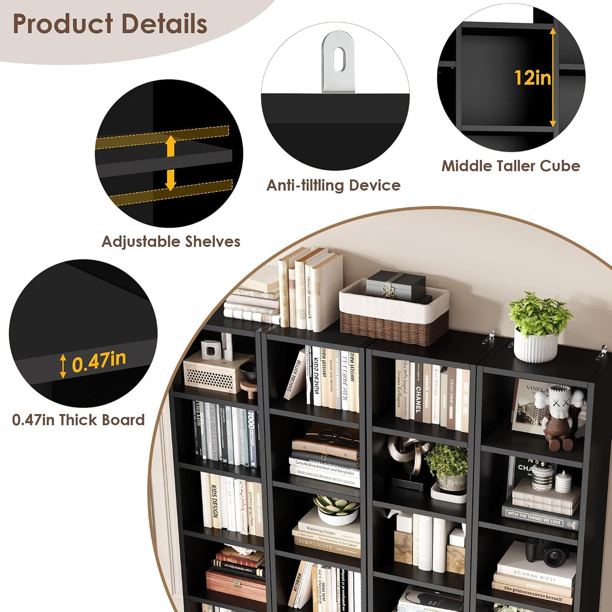 FOTOSOK 71'' H Black Bookshelf with 21 Cubes, Triple Wide Tall Bookshelf