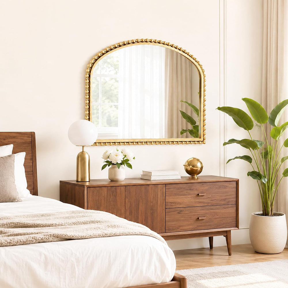 36"x28" Wide Arched Wall Mirror, Antique Gold Bold Beaded Frame