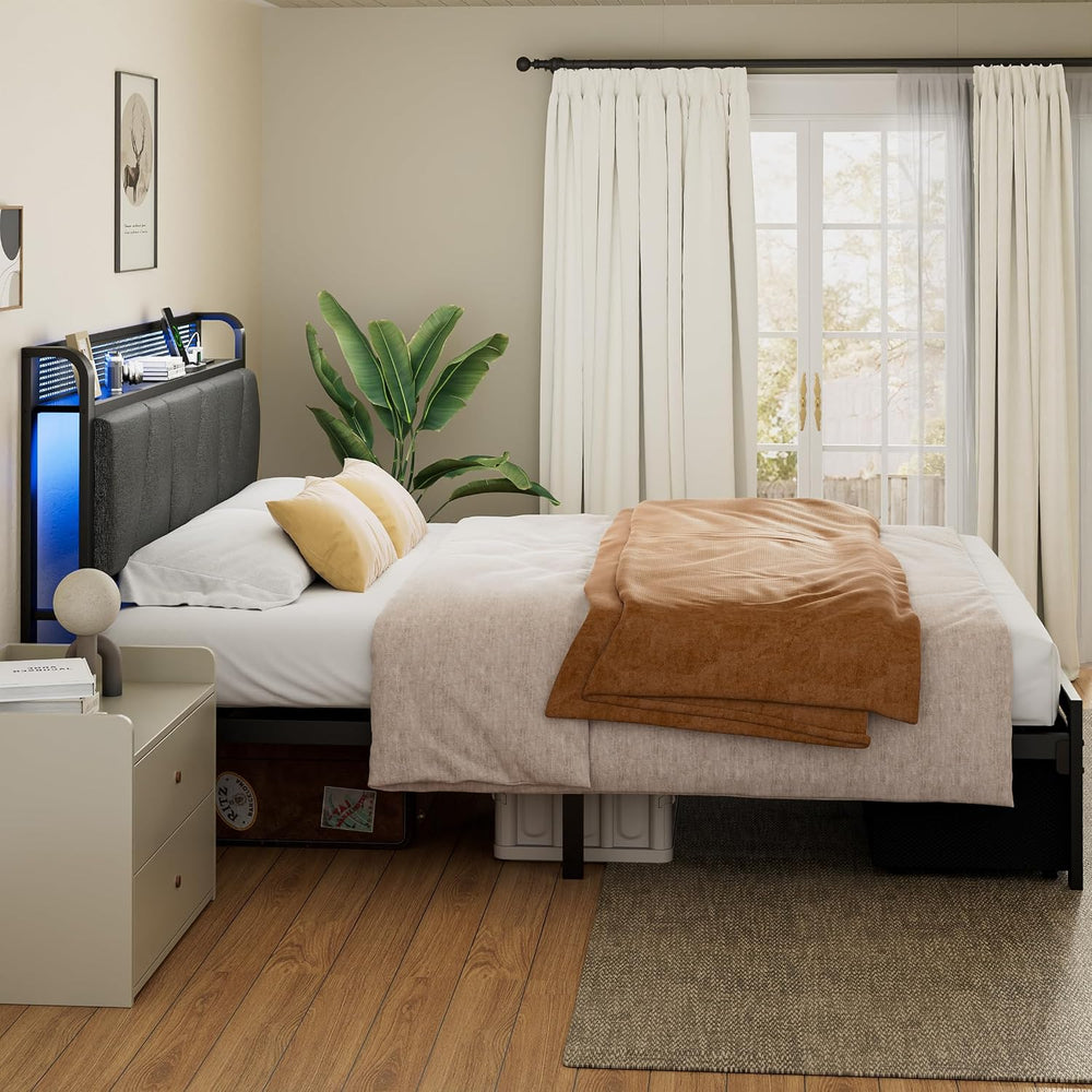 Furnulem Full Size Bed Frame with 2 Storage Drawers & Upholstered Headboard