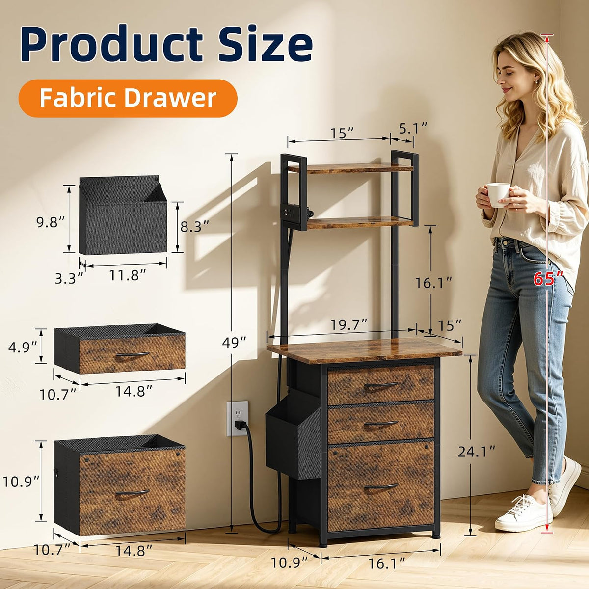 HIGDBFE 3 Drawer File Cabinet with Charging Station, 49''H Tall, 3-Tier Small Filing Cabinet for Home Office, 20''*15'' for Small Printer, Fabric Drawer, Printer Stand, Rustic Brown