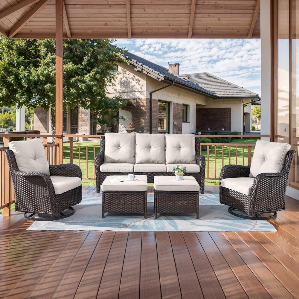 HUMMUH 5 Piece Wicker Patio Set, Sofa & Swivel Rockers, Brown/Beige