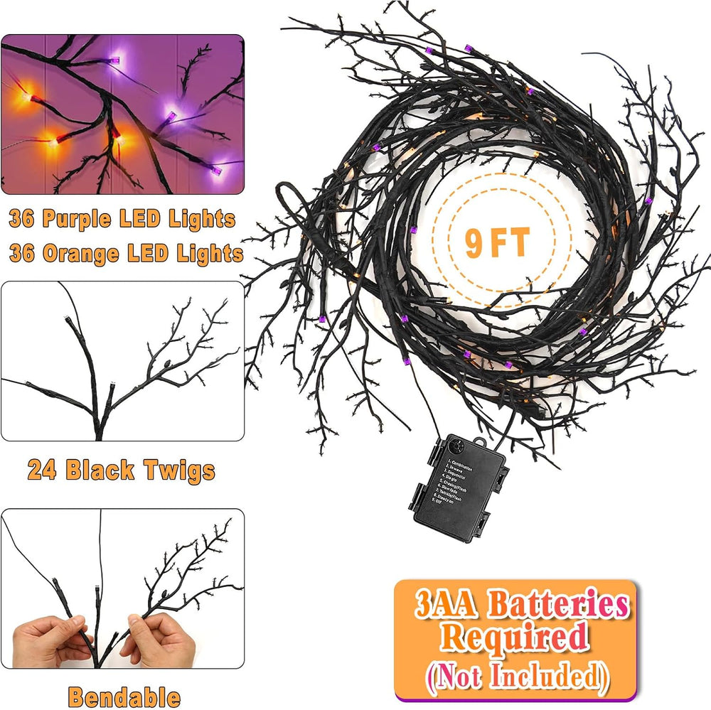 [8 Modes & Timer] 9 Ft 72 LED Halloween Willow Vine Twig Garland with Ora...