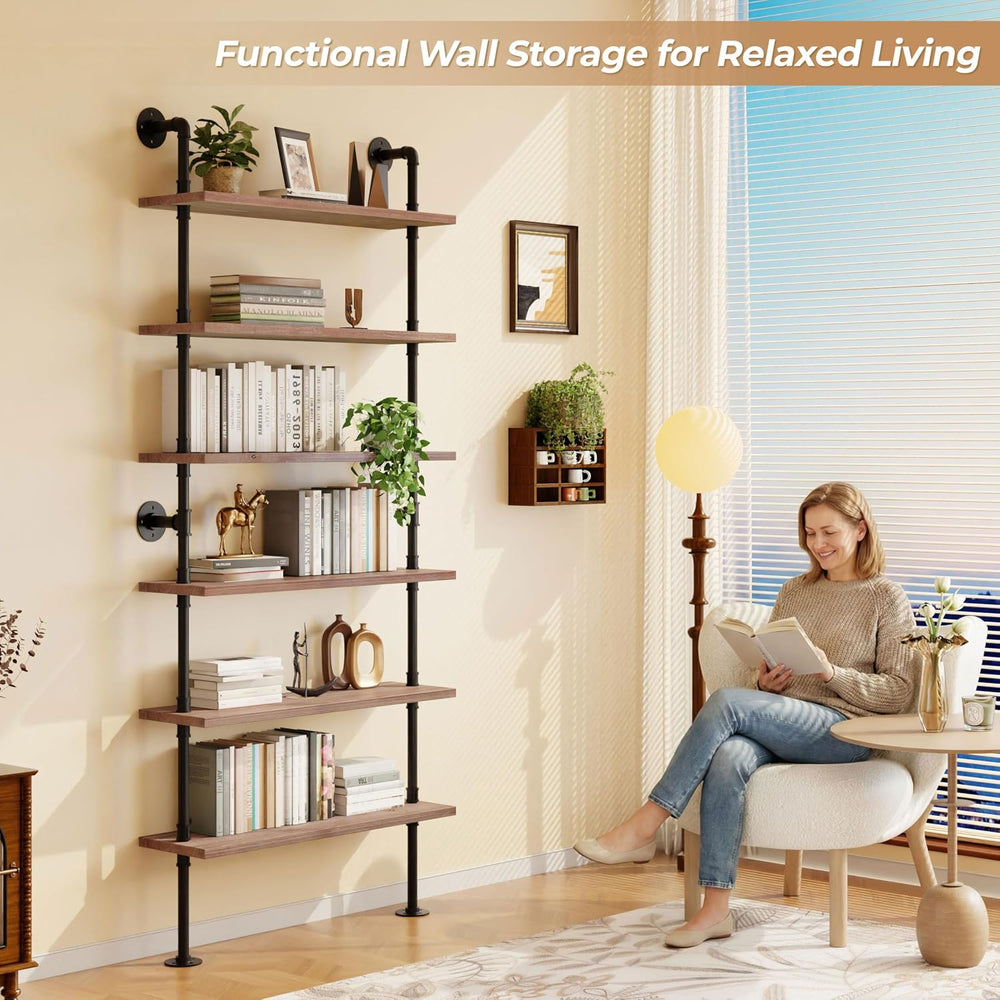 Industrial Pipe Bookshelf, Wall Mounted Shelf, 36 Inch, Weathered Brown