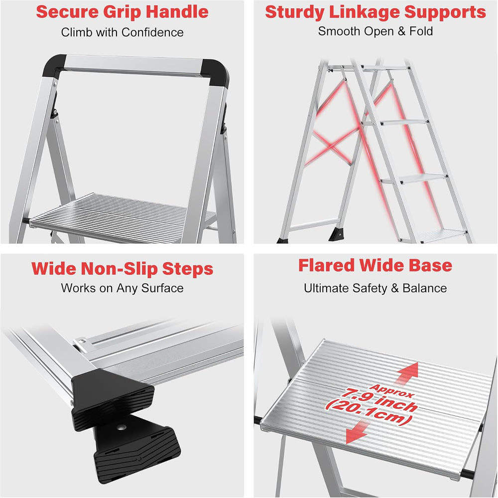 DIAMONDFORGE 4 Step Ladder,Handle Folding Step Stool with Anti-Slip Wide Peda...