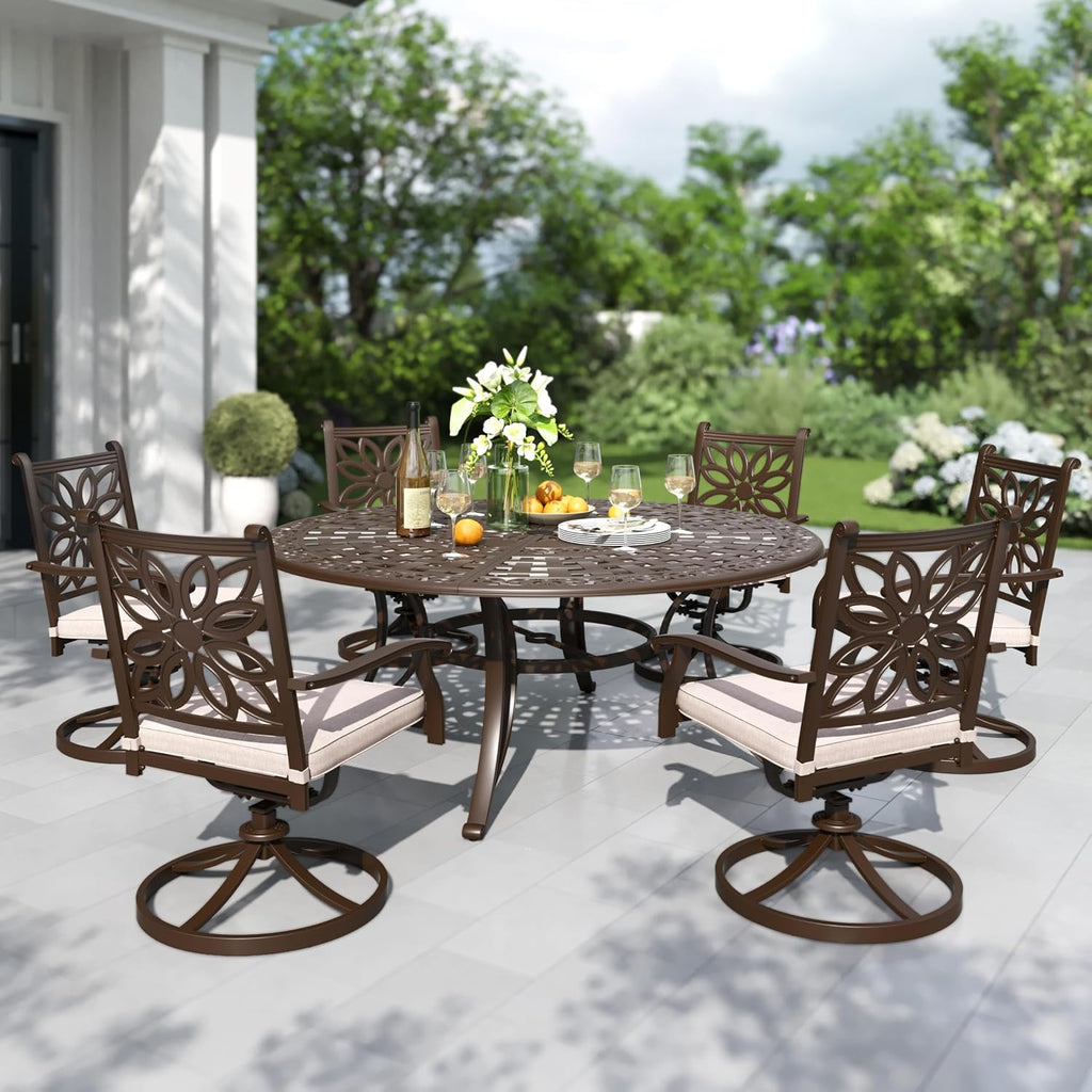 PHI VILLA Patio Dining Set, Swivel Chairs, 54" Round Cast Aluminum Table