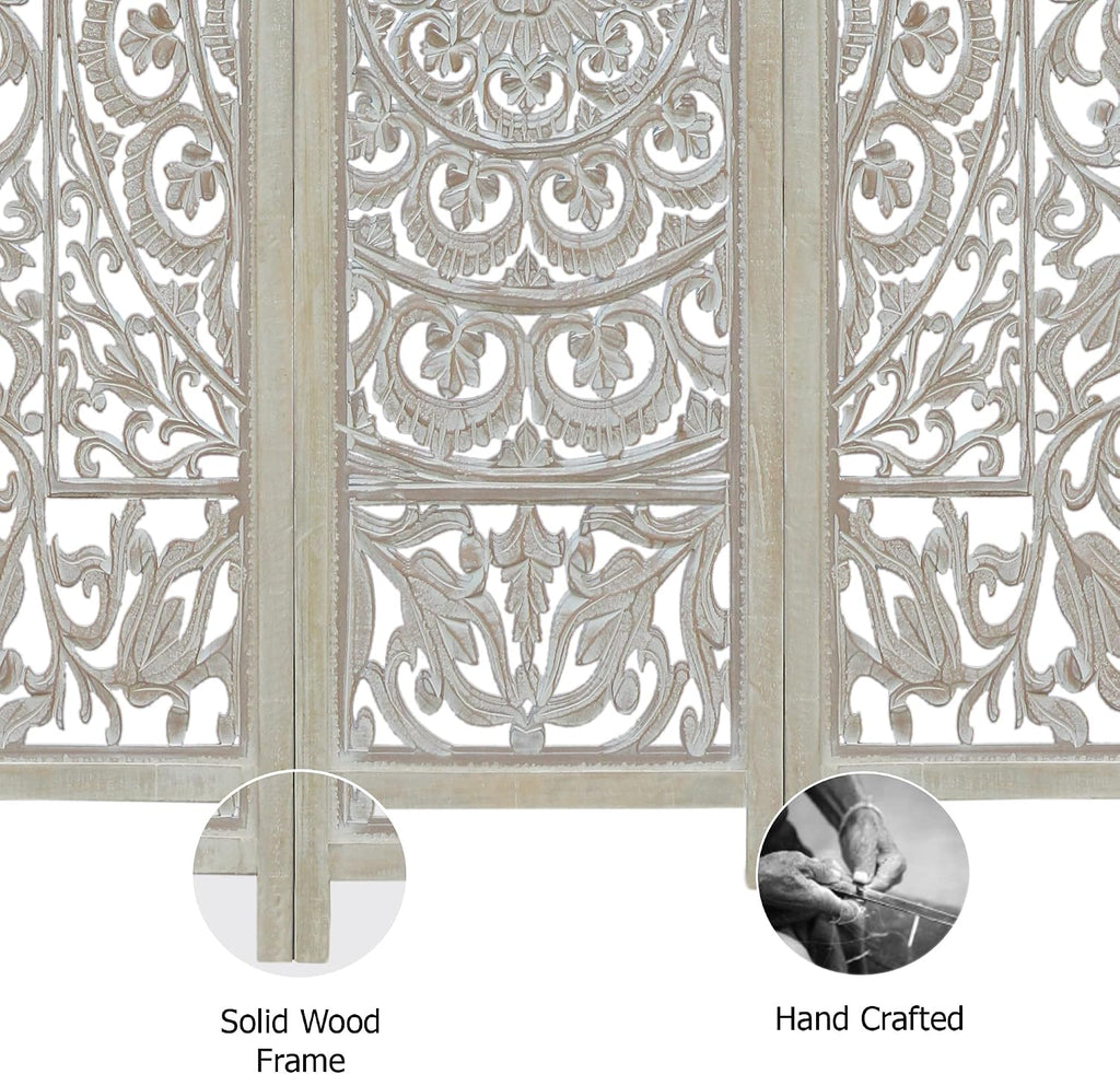 COTTON CRAFT Room Divider Wood Screen - Hand Carved Folding 3 Panels 60x72