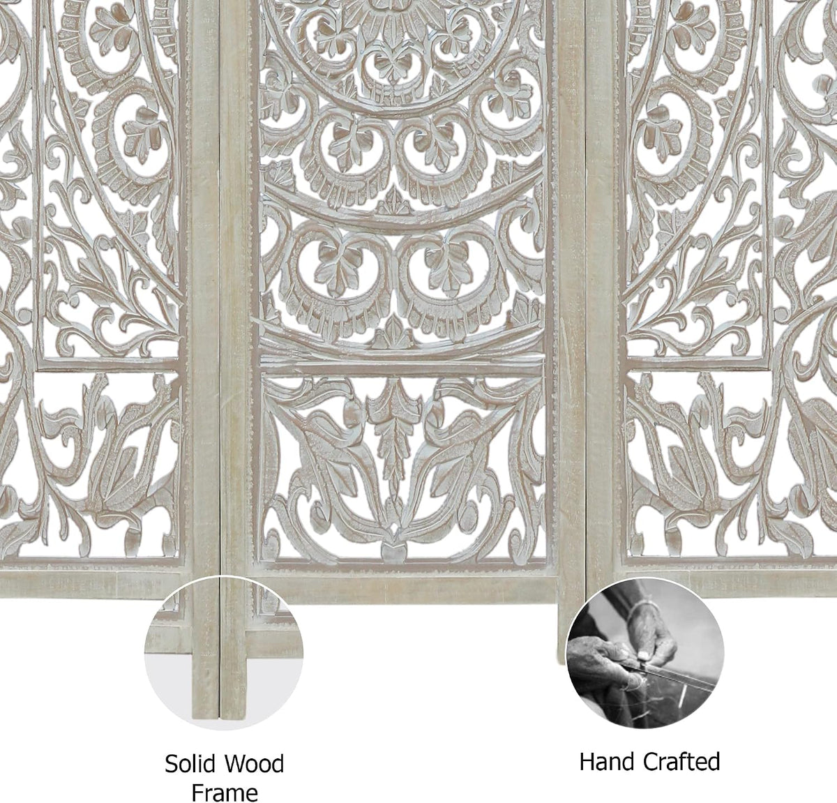 COTTON CRAFT Room Divider Wood Screen - Hand Carved Folding 3 Panels 60x72