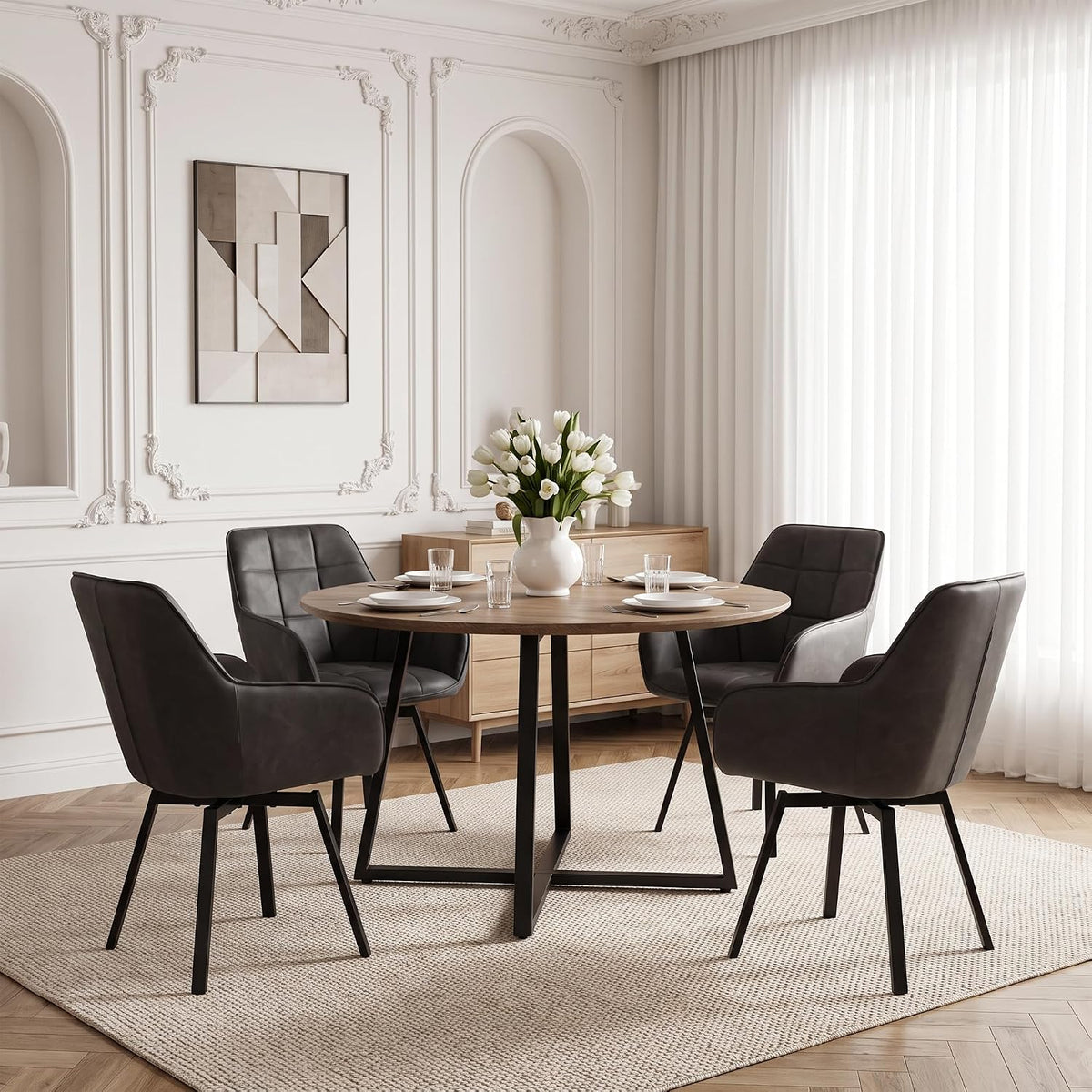 TUKAILAi Swivel Dining Chairs Set of 4, Faux Leather Dining Chairs with Arms & Metal Legs, Upholstered Mid Century Rotatable Kitchen Chairs for Living Room Bedroom Kitchen Restaurant (Grey)