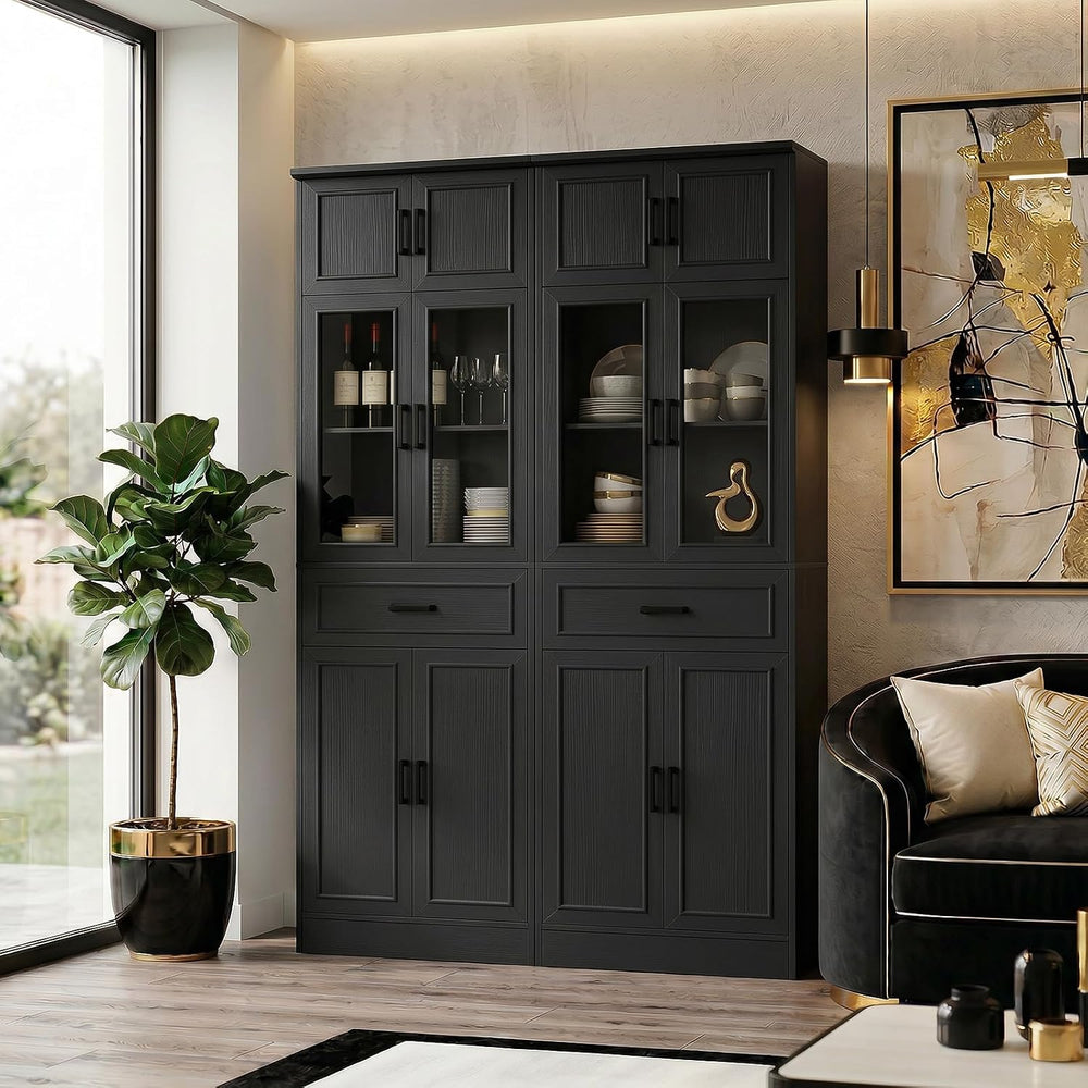 Unikito 80" Kitchen Pantry Cabinet with Glass Doors and Drawer Organizer