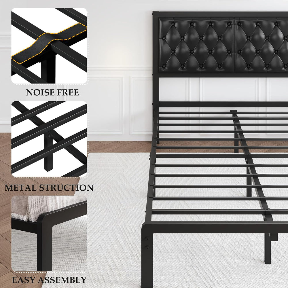 HISOFT Full Bed Frame with Upholstered Button Tufted Headboard, Bed Frame Pla...