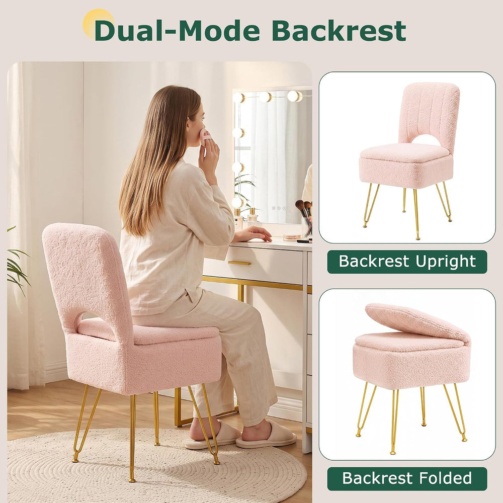 VECELO Pink Vanity Stool Chair with Storage and Folding Back, 15.75" x 1...