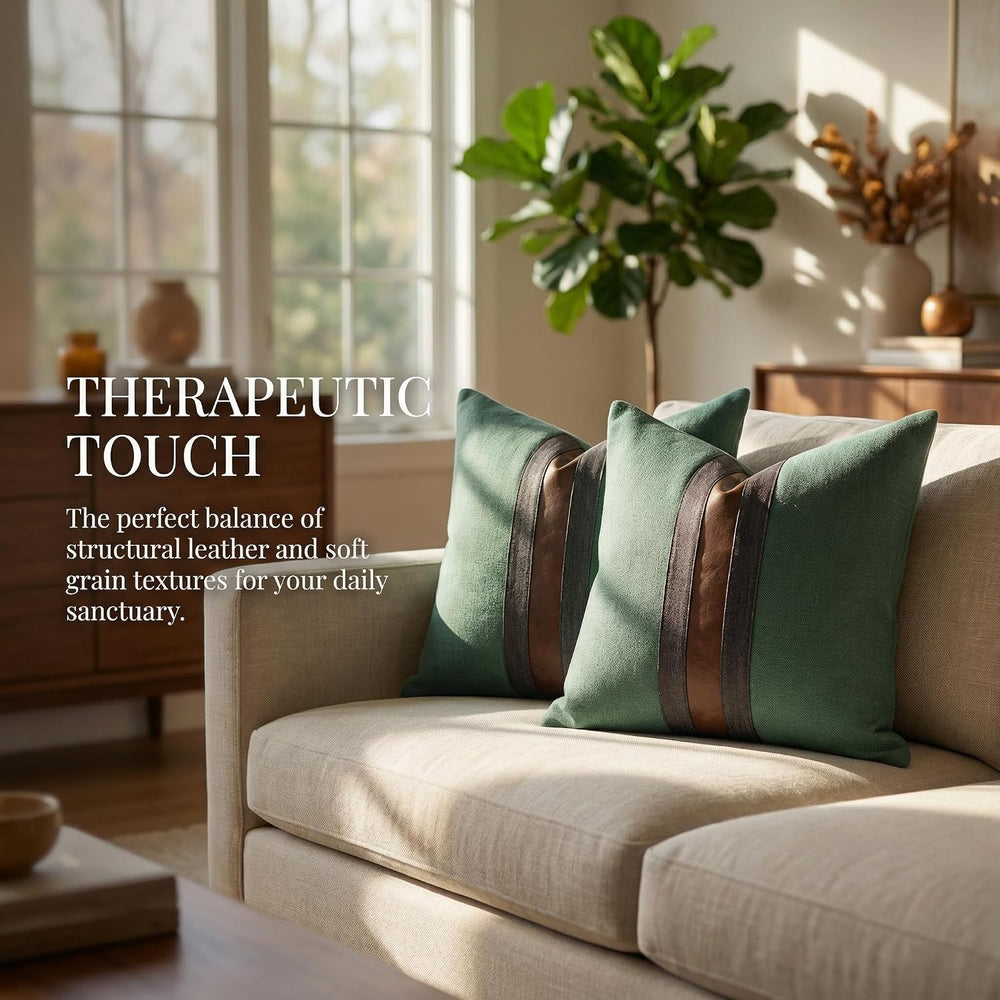 Set of 2 Leather Throw Pillow Covers Cotton Linen Decor Patchwork Pillow Cove...