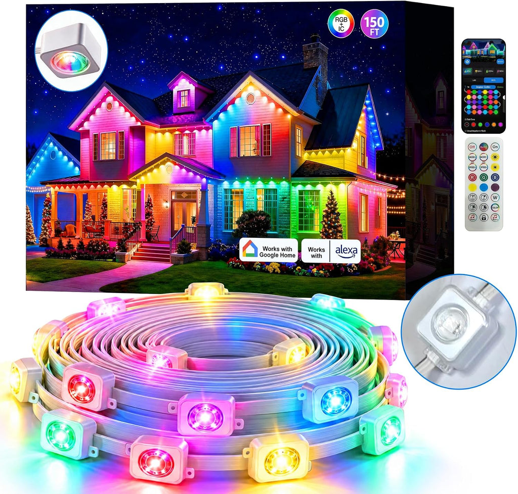 Permanent Outdoor Lights 150ft RGB+IC Outdoor String Lights App&Voice Control,IP67 Waterproof,100 Scene Modes Decoration for Home Christmas,Halloween,Holiday Decor,Timer Function