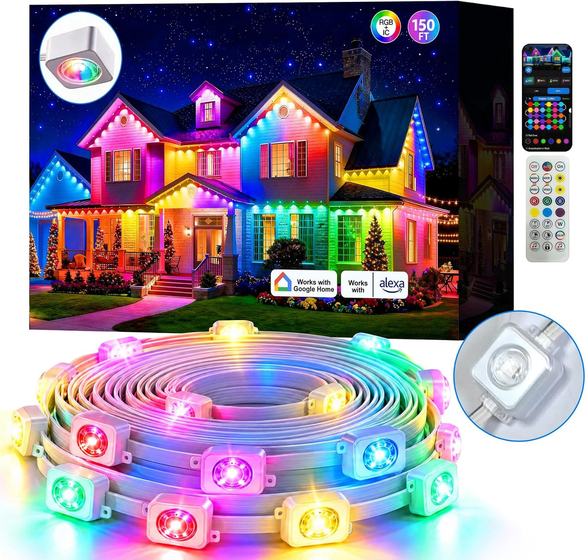 Permanent Outdoor Lights 150ft RGB+IC Outdoor String Lights App&Voice Control,IP67 Waterproof,100 Scene Modes Decoration for Home Christmas,Halloween,Holiday Decor,Timer Function