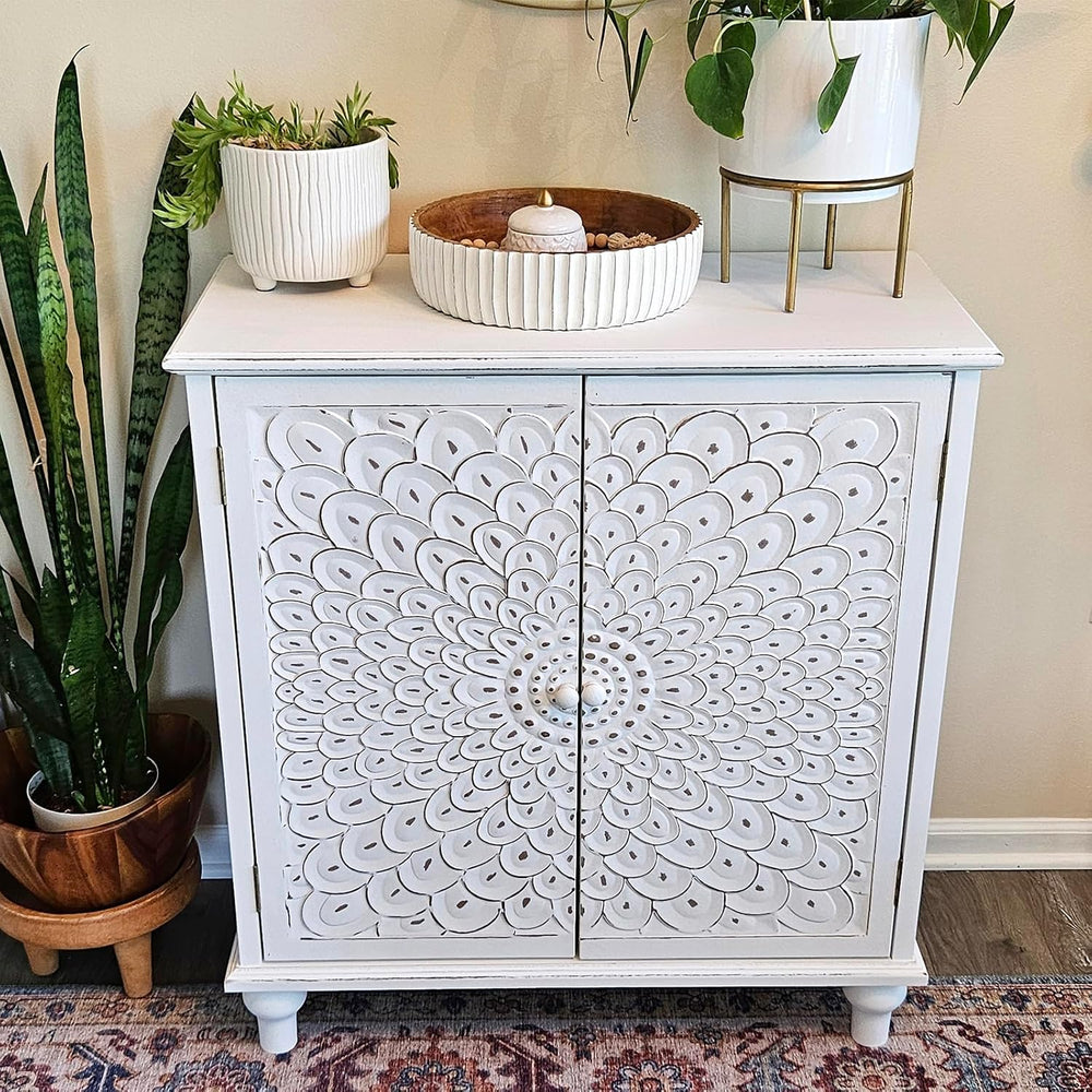 MAISON ARTS Accent Cabinet with Doors, Carved Wood Decorative Cabinet