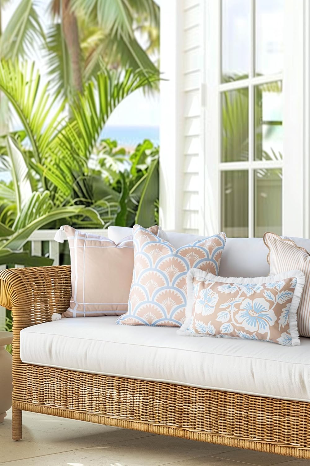 Hofdeco Premium Coastal Patio Indoor Outdoor Scalloped Throw Pillow Cover Onl...
