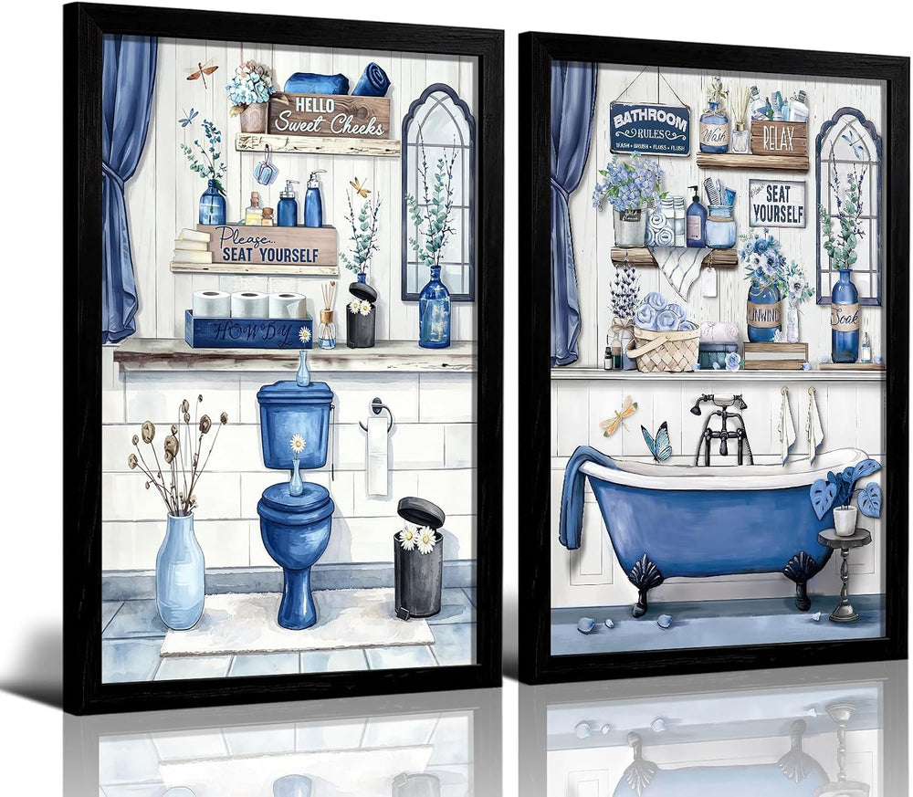 LDXCJXOR Blue Farmhouse Bathroom Wall Art, 2-Piece Black Framed Canvas Painti...
