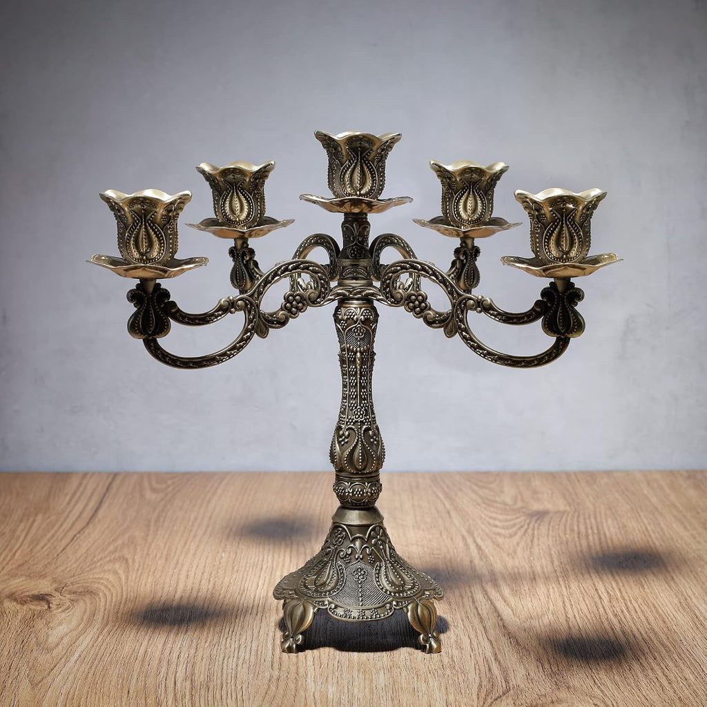 5-Candle Metal Candelabra 10.3 Inch Tall Candlestick Candle Holders for Home Decor Wedding Christmas Church Halloween Party,Bronze Tulip