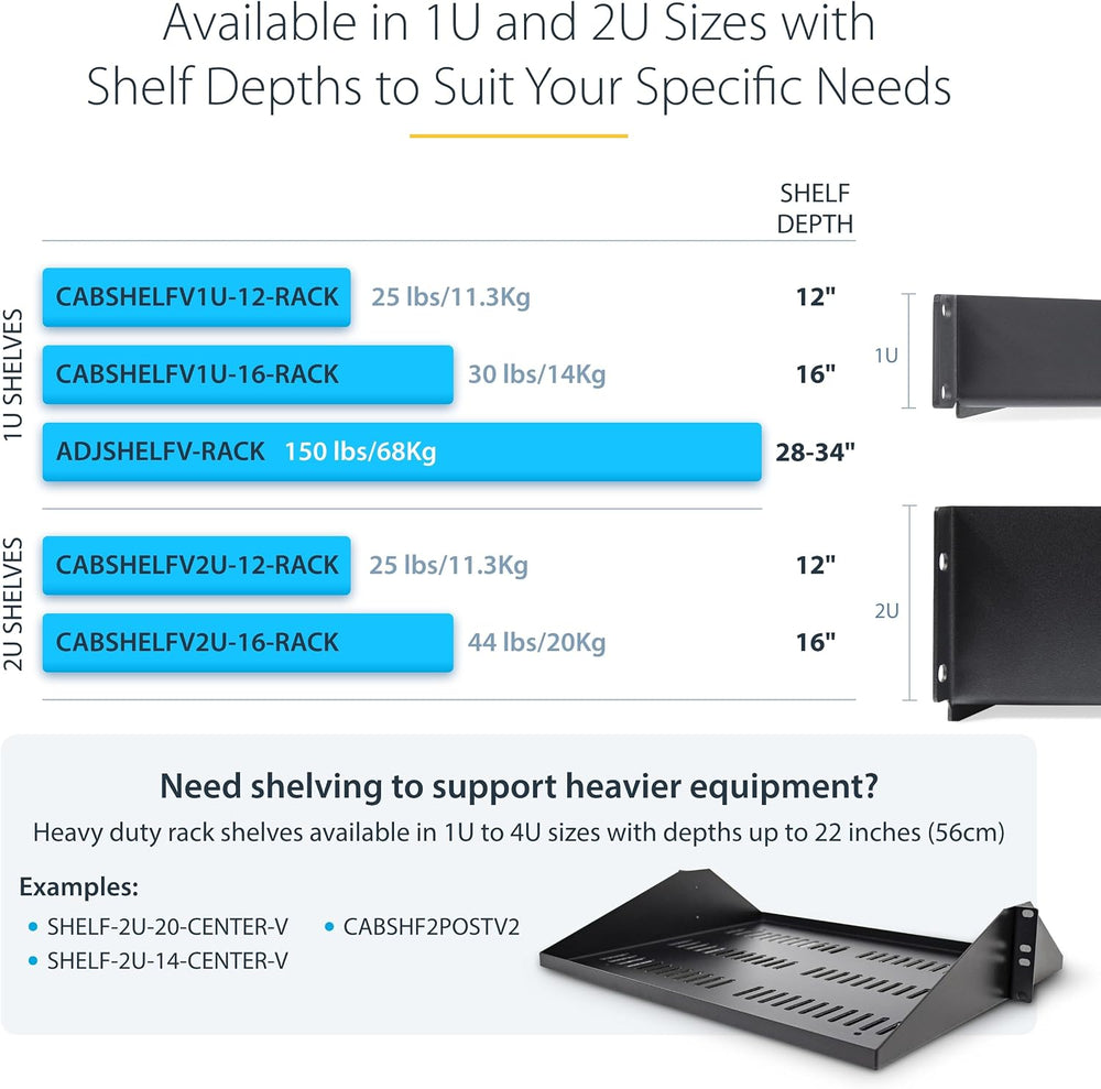 StarTech 1U 4-Post Vented Rack Shelf, 28-34.4in, 150lb (ADJSHELFV-Rack)