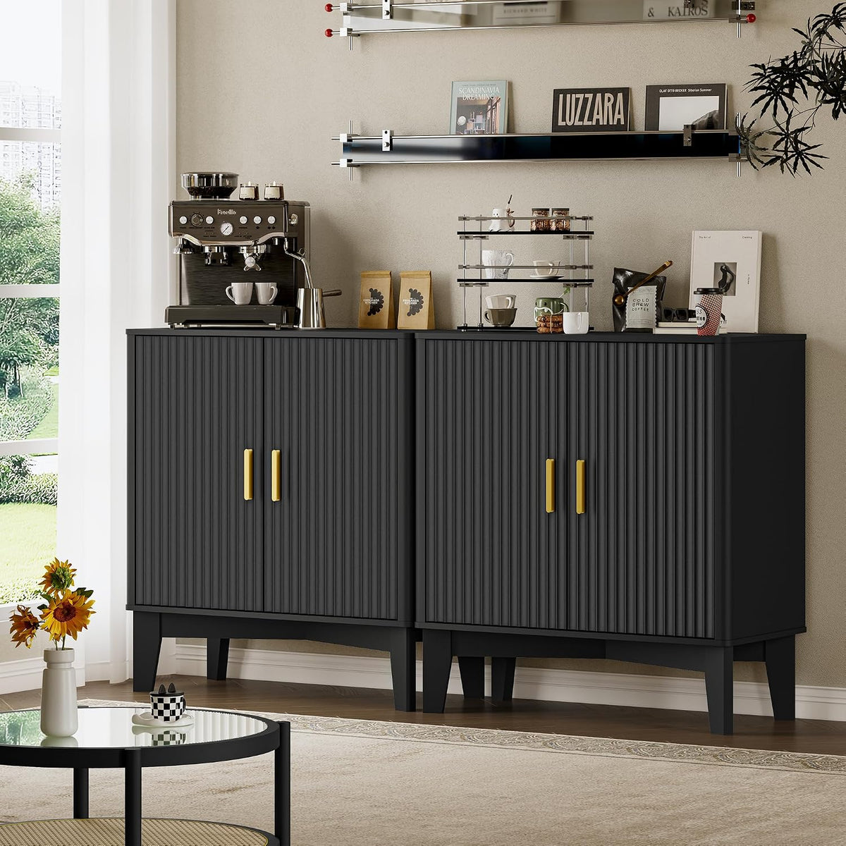 BORNOON Fluted Storage Cabinet with Doors and Adjustable Shelf Sideboard