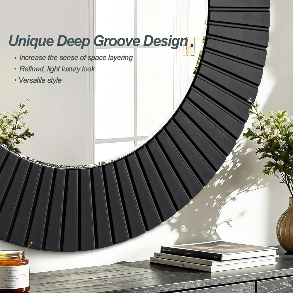 Chende 30'' Black Round Wall Mirror for Bathroom with Fluted Wood Frame