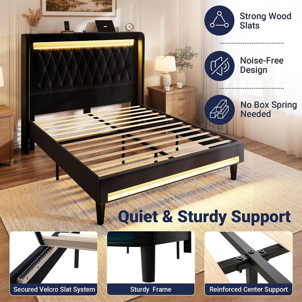 Allewie Queen Size Upholstered Bed Frame with LED & Charging Station, Black