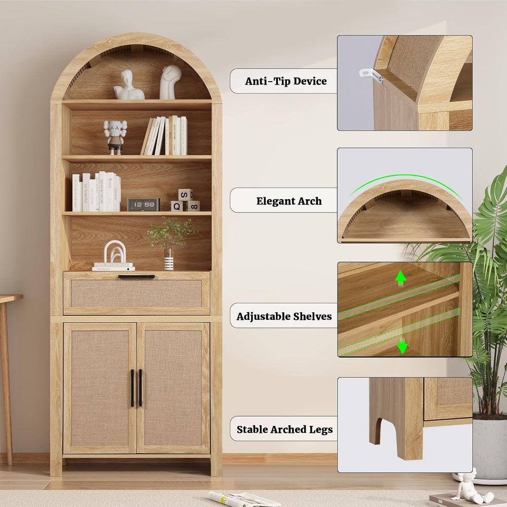 Janmer Home 79" Tall Arched Bookcase Cabinet with Doors, Natural,Rattan