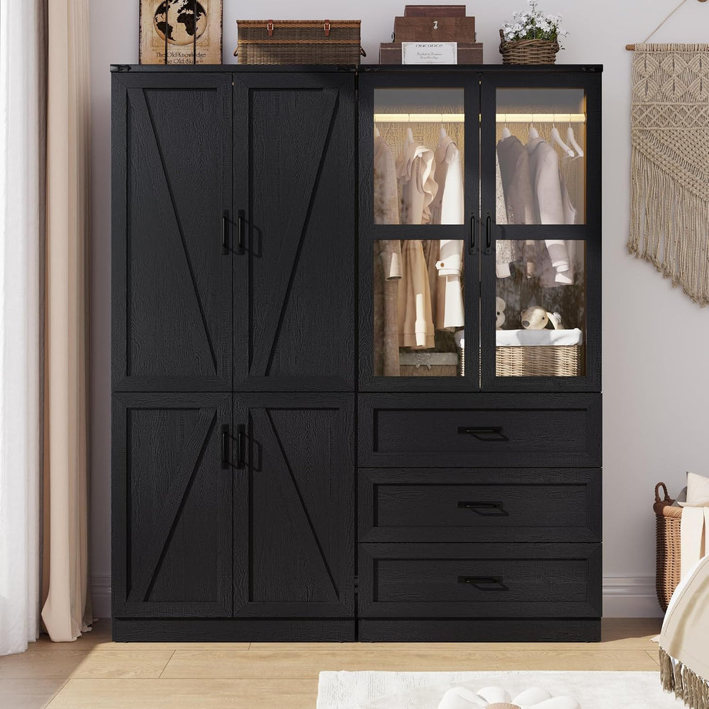 75" Tall Farmhouse 4 Doors Armoire Wardrobe Closet with 3 Drawers and LE...