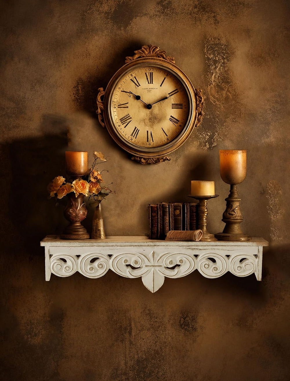 Whitewashed Floating Wall Shelves: Wood Carved Corbel Details