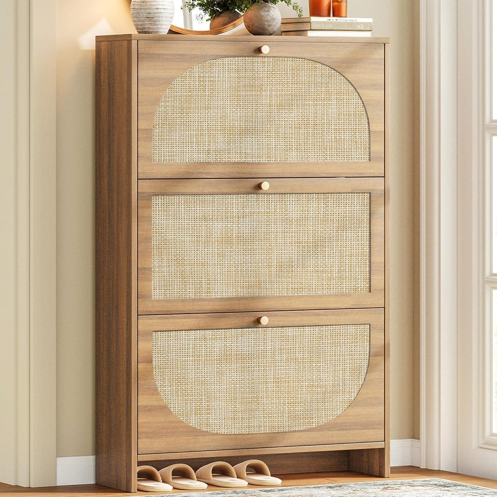 Nicetree Rattan Arched Accent Shoe Storage Cabinet - Freestanding Ultra Slim for Entryway, 3 Flip Drawers & 3-Tier Adjustable Shelves, Farmhouse Modern Rustic Shoe Rack for Hallway, Foyer, Living Room