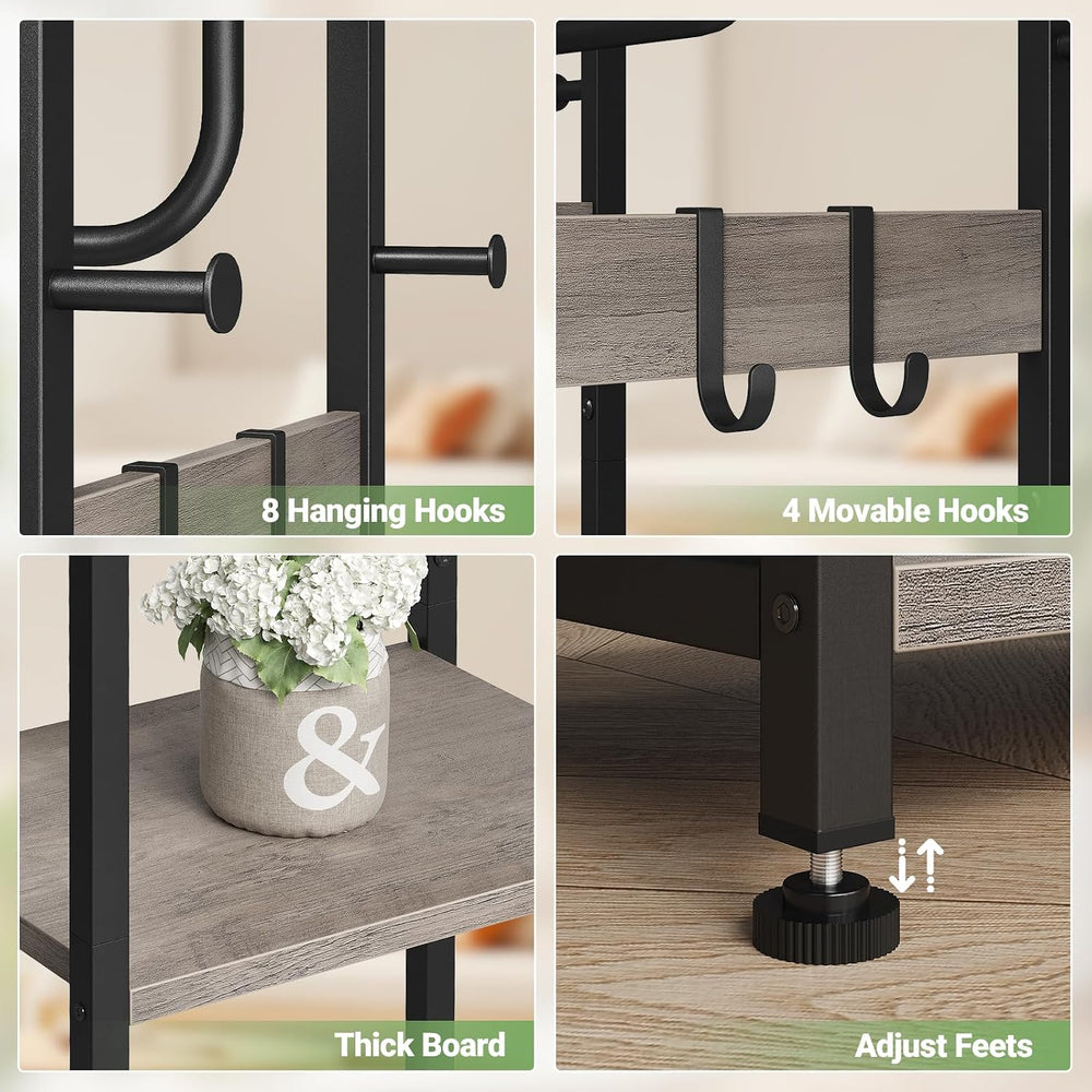 Coat Rack Freestanding, Hall Tree with 3 Shelves and 12 Hooks, Greige