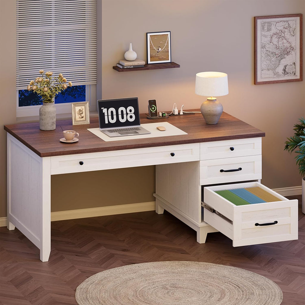 Garvee 53.5" Wooden Home Office Desk with File Drawers, Executive Desk with Power Outlet, Farmhouse Wood Desk with Storage, Distressed Study and Work Table, Rustic White
