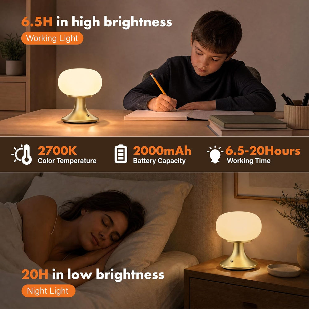 Cordless Mushroom Table Lamp - Stepless Dimming - 2700K Warm Light - Gold