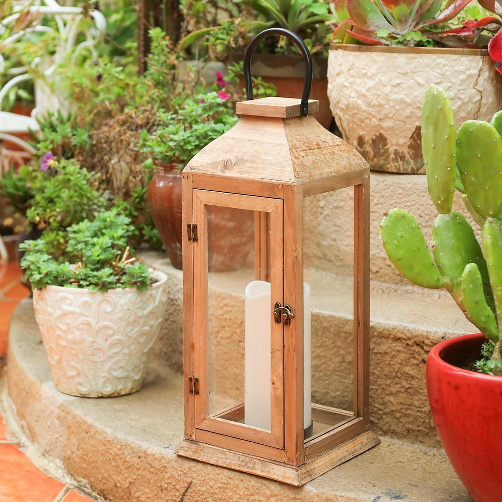Bdor 22.5 Inch Outdoor Wooden Candle Lantern for Porch with LED Candle