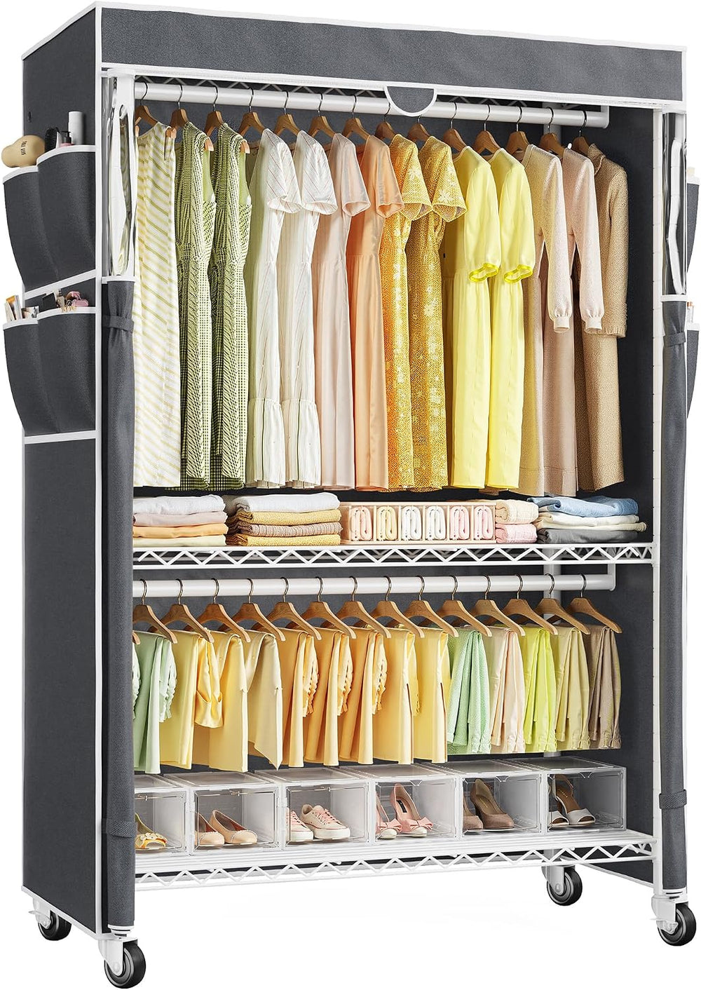 Raybee Rolling Clothes Rack with Cover, Portable Closet for Bedroom, Dorm