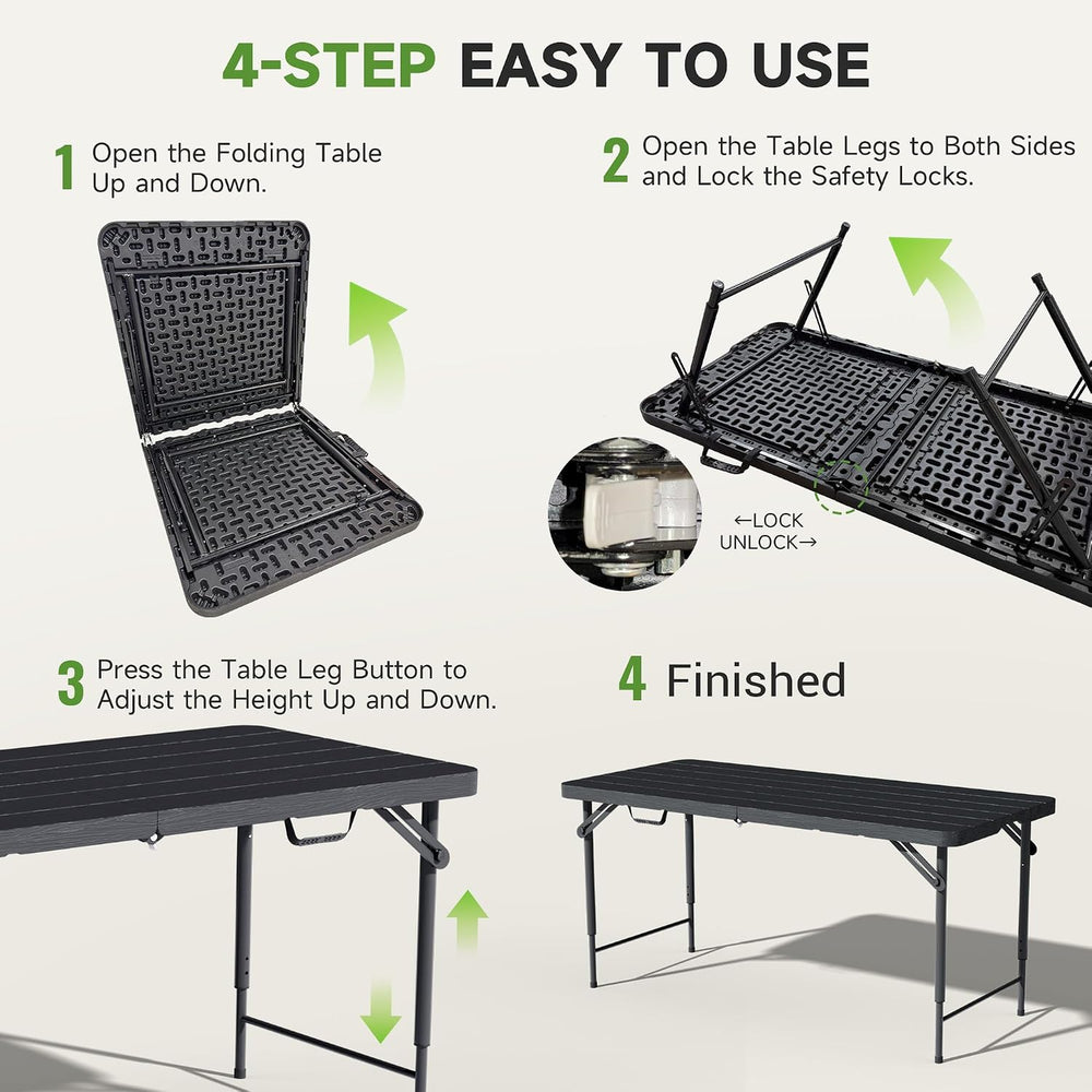 4 FT Folding Table, 3-Position Adjustable Height, Heavy Duty 400 lbs Capacity...