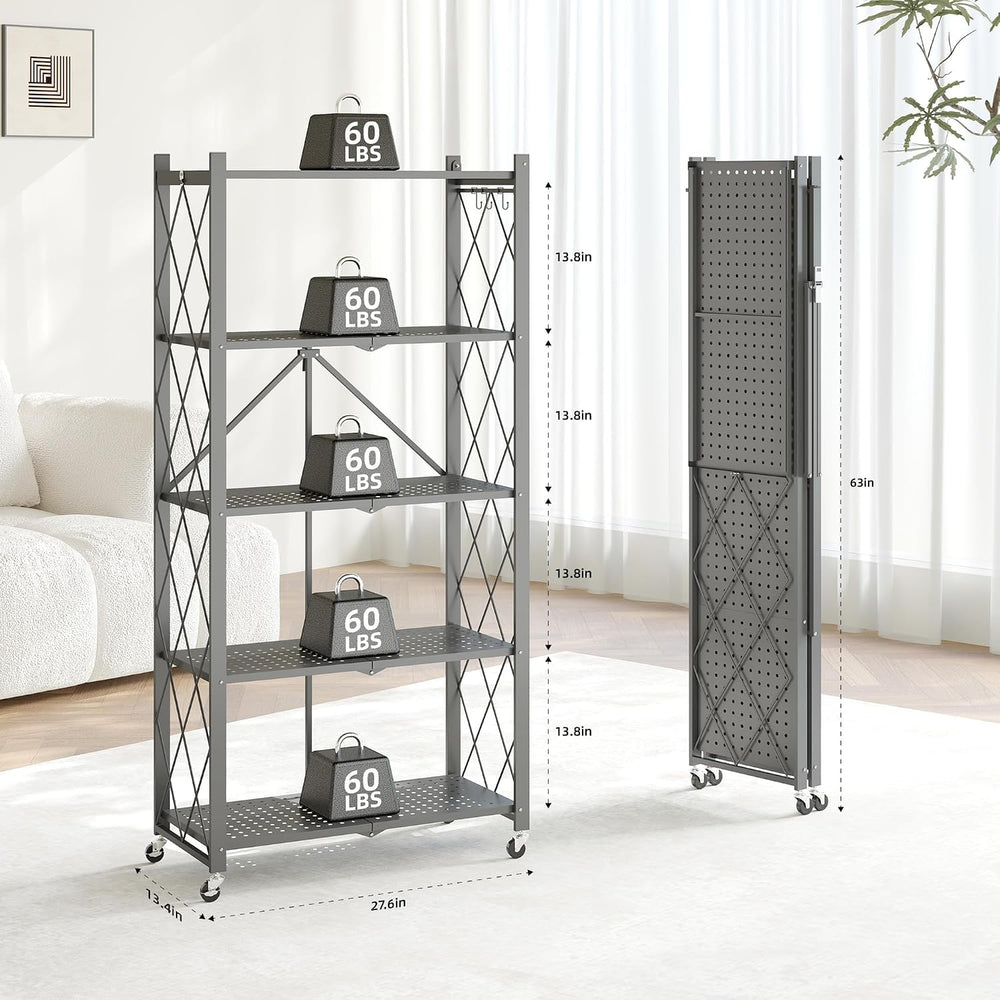 Fenbeli 5-Tier Folding Metal Storage Shelves with Wheels, 750 lb Capacity