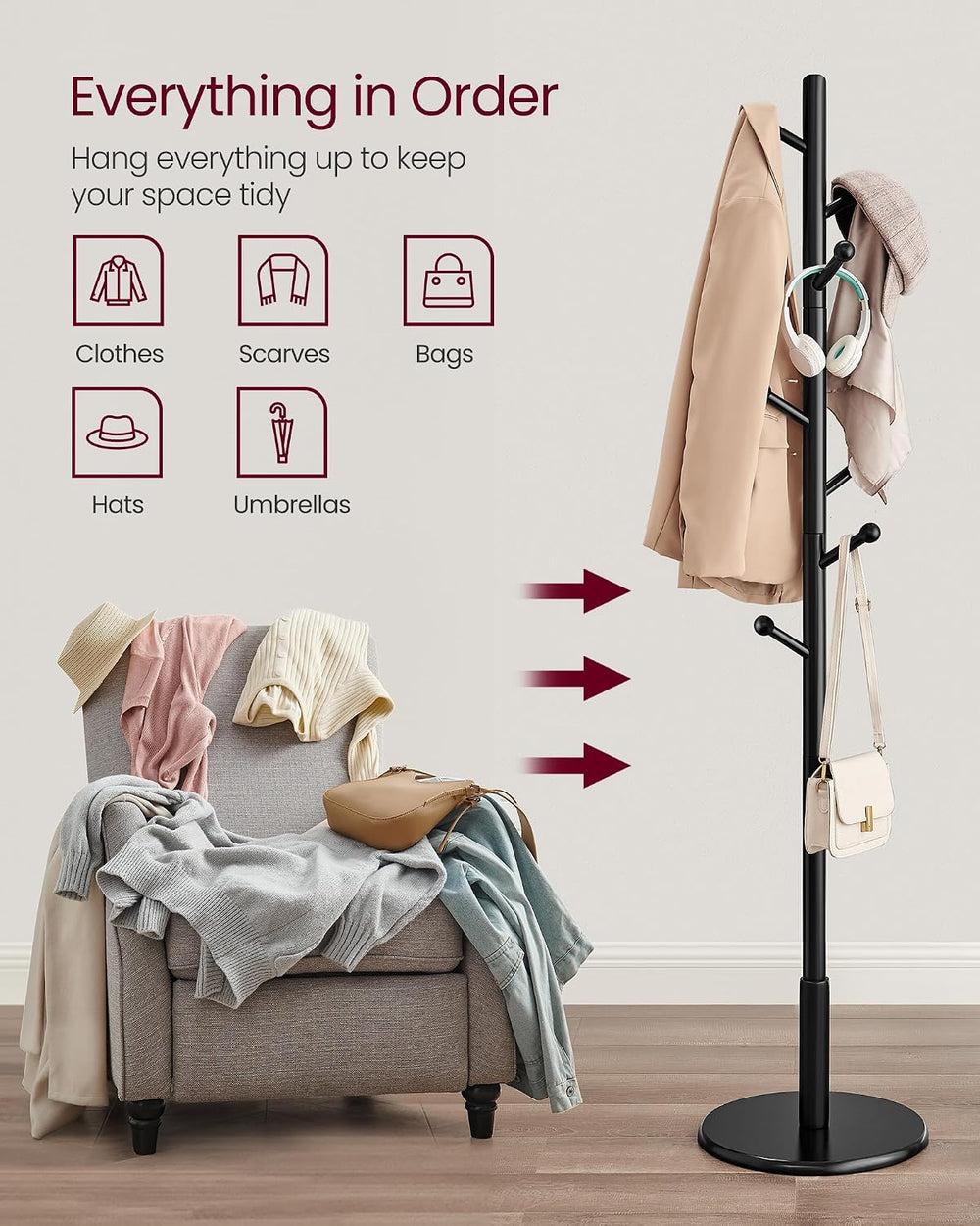 VASAGLE Solid Wood Coat Rack, Free Standing, 8 Hooks, 3 Height Options