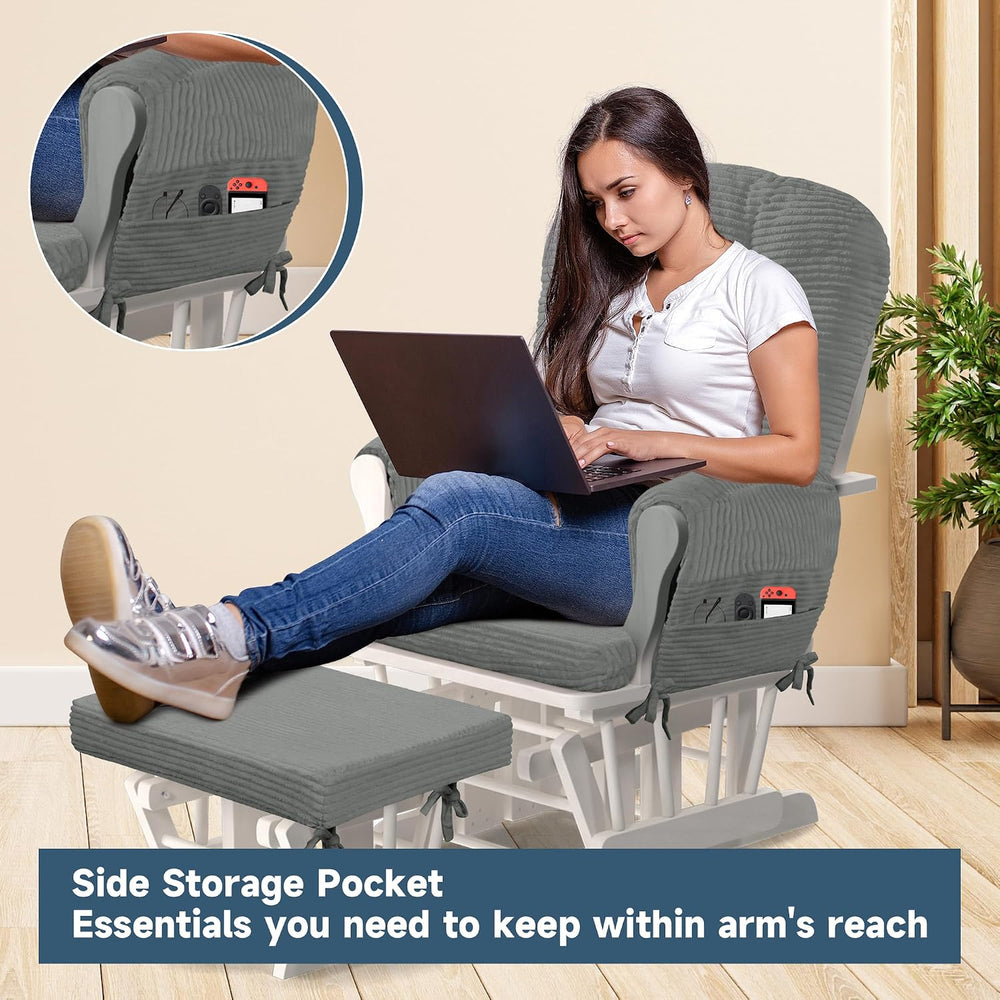 MABOZOO 5 PCS Corduroy Glider Rocker Replacement Cushions with Storage Side P...