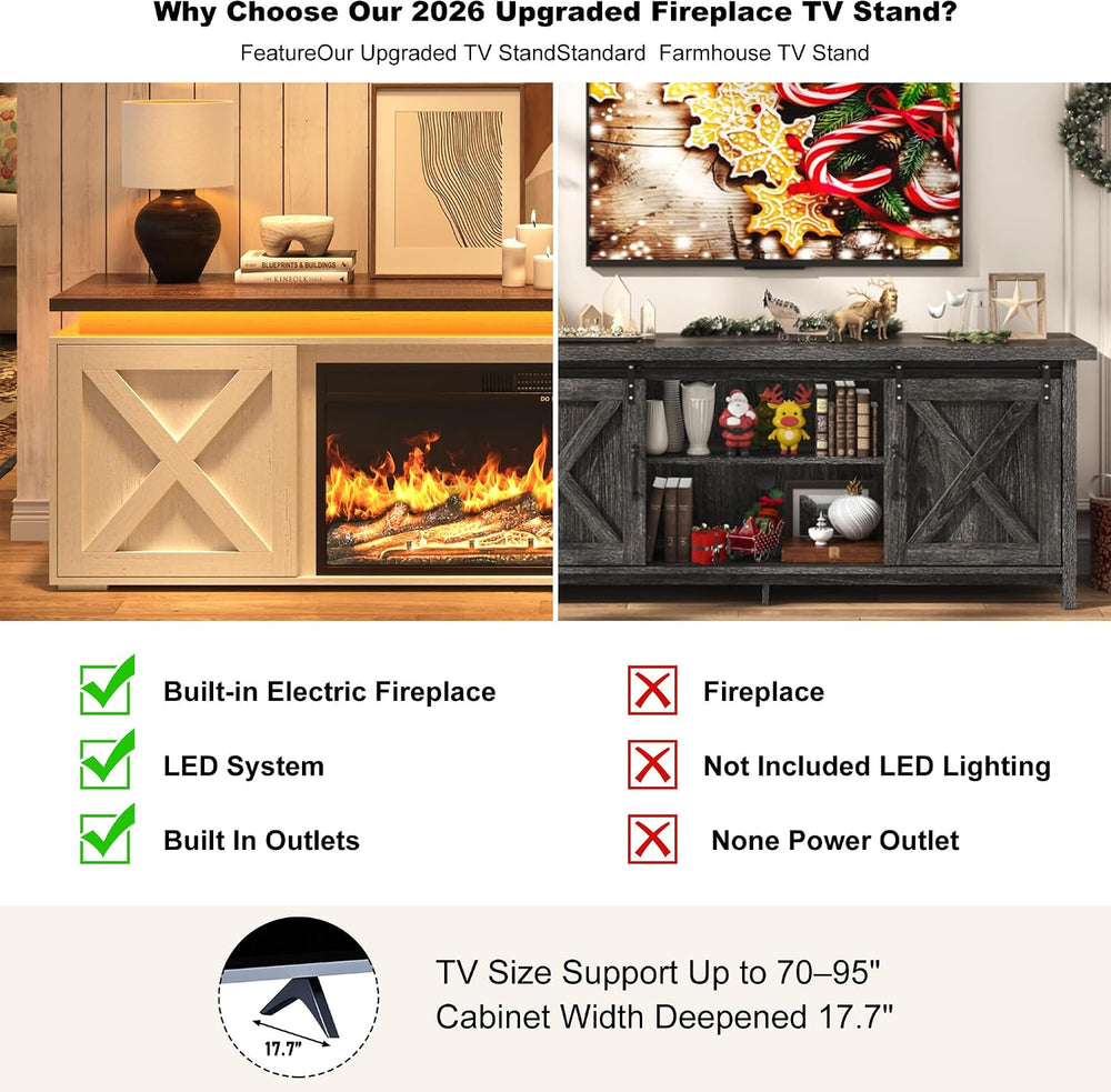 83" Farmhouse TV Stand w/40 Electric Fireplace for TVs Up to 95 Inch,White