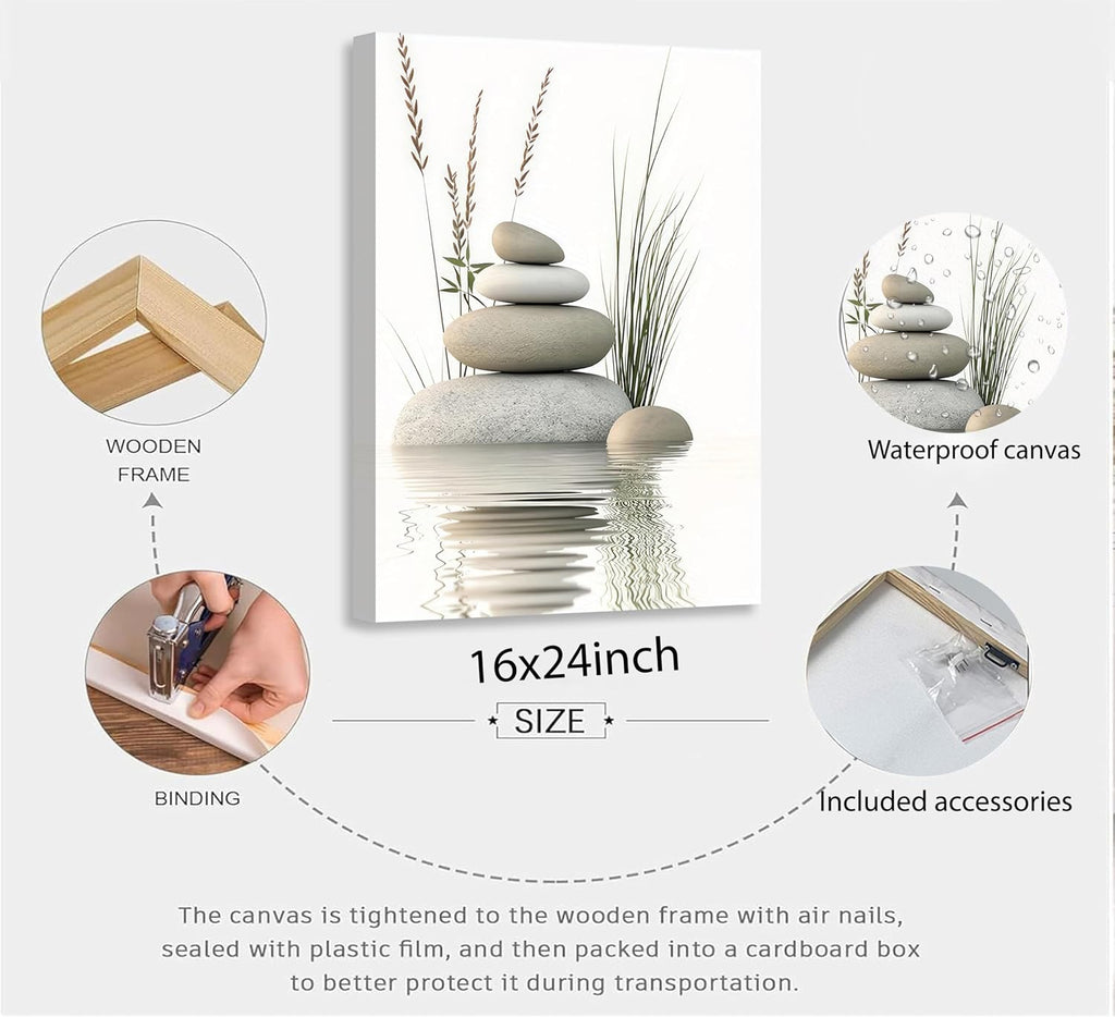 KBIERQN Zen Bathroom Canvas Wall Art-Framed 16x24in