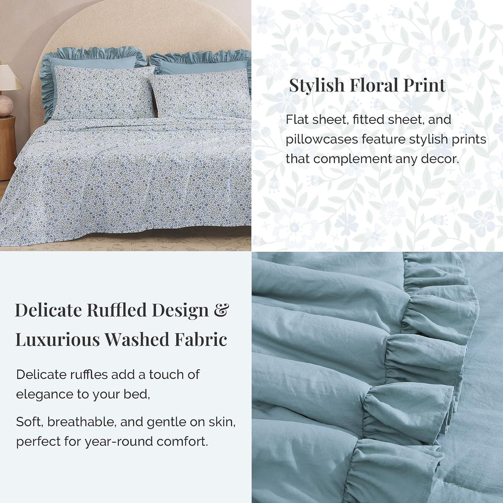 BLOOMHAVEN Queen Comforter Set-7 Pieces Ruffle Bedding with Floral Sheet