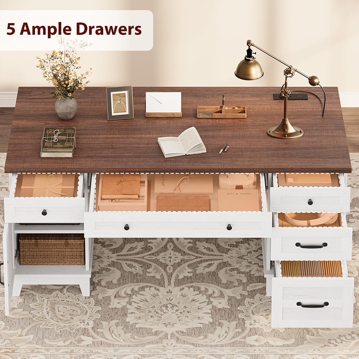 GarveeHome Executive Desk with File Drawers, Farmhouse Home Office Desk with Charging Station, 60 in Wooden Computer Desk with Cabinet Storage for Work Study Writing, White Walunt