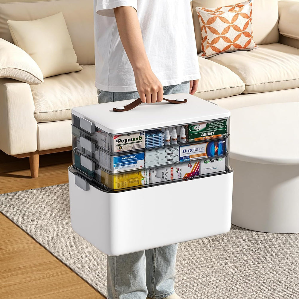 JOYBOS 4-Tier Medicine Organizer Storage Box with Lid and Leather Handle, Por...