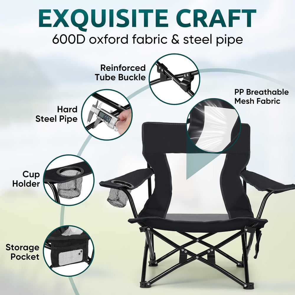 HaSteeL Low Beach Chairs, 2Pcs Folding Camping Lawn Chairs - Black