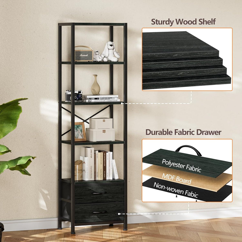Furnulem 5-Tier Tall Corner Shelf, Narrow Bookshelf with Drawers