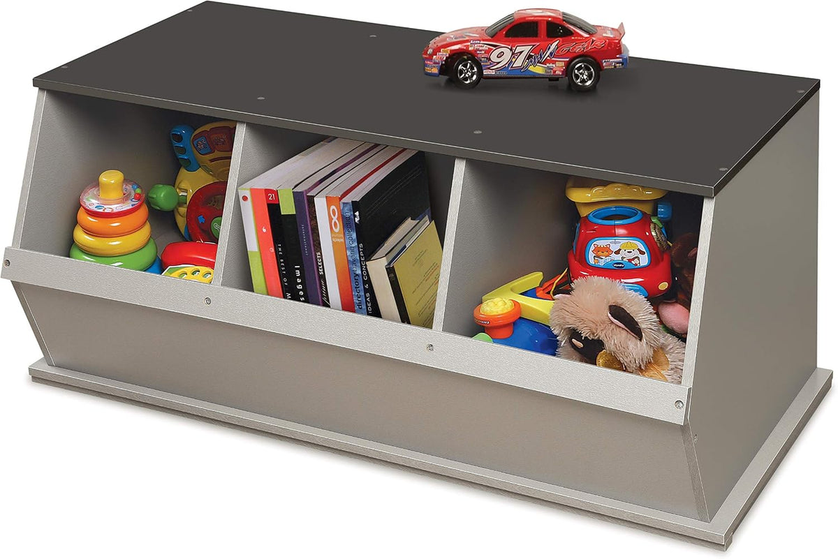 Badger Basket Three-Bin Stackable Storage Cubby – Woodgrain Gray, Expandable Storage with Top Display Shelf for Toys, Crafts & More